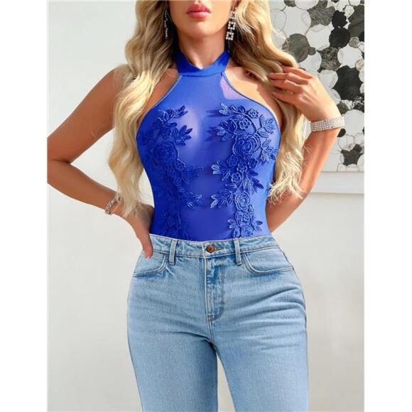 Women Teddy Lingerie Sexy Mesh Bodysuit Blue - Picture 5 of 6